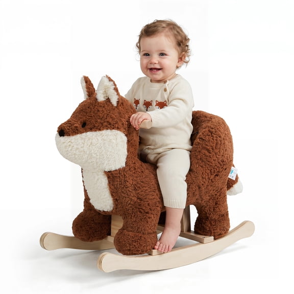 Jolie Vallee Baby Rocking Horse,Kids Ride on,Plush Animal Rocker,Wooden Base & Safety Belt for Ages 6 Months,Fox,Brownish Red