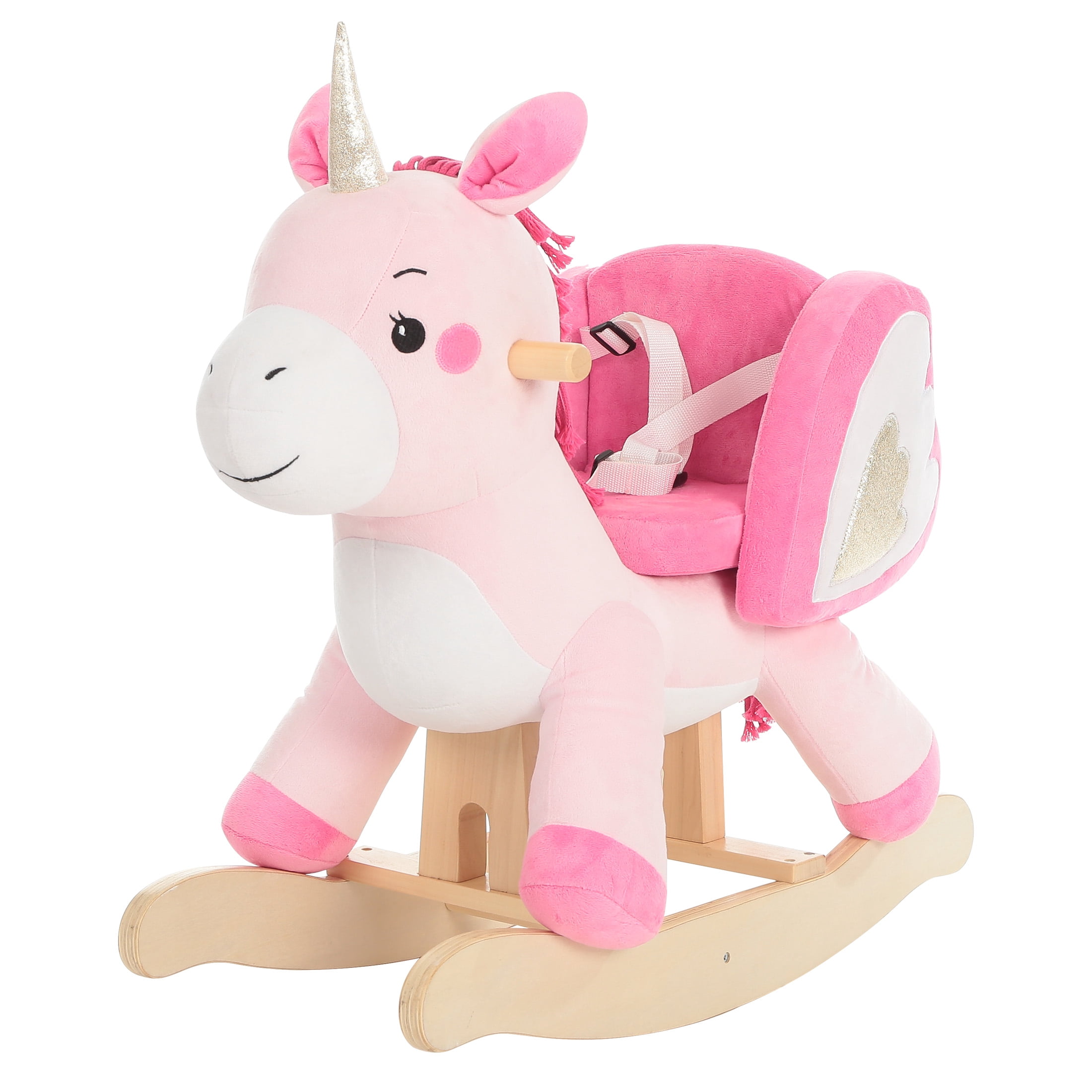 Jolie Vallee Baby Rocking Horse,Kids Ride on,Plush Animal Rocker,Wooden Base & Safety Belt for Ages 6+ Months,Pink