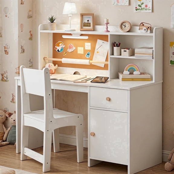 Jolie Vallee Kids Desk and Chair Set for Ages 5-12, Wooden Study Desk with Hutch, Storage Cabinet, LED Light & Drawing Paper Roll, White