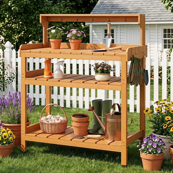Jolie Vallee Potting Bench Outdoor Potting Table, HDPE Material All Weather Use with 2 Bottom Shelves.Natural
