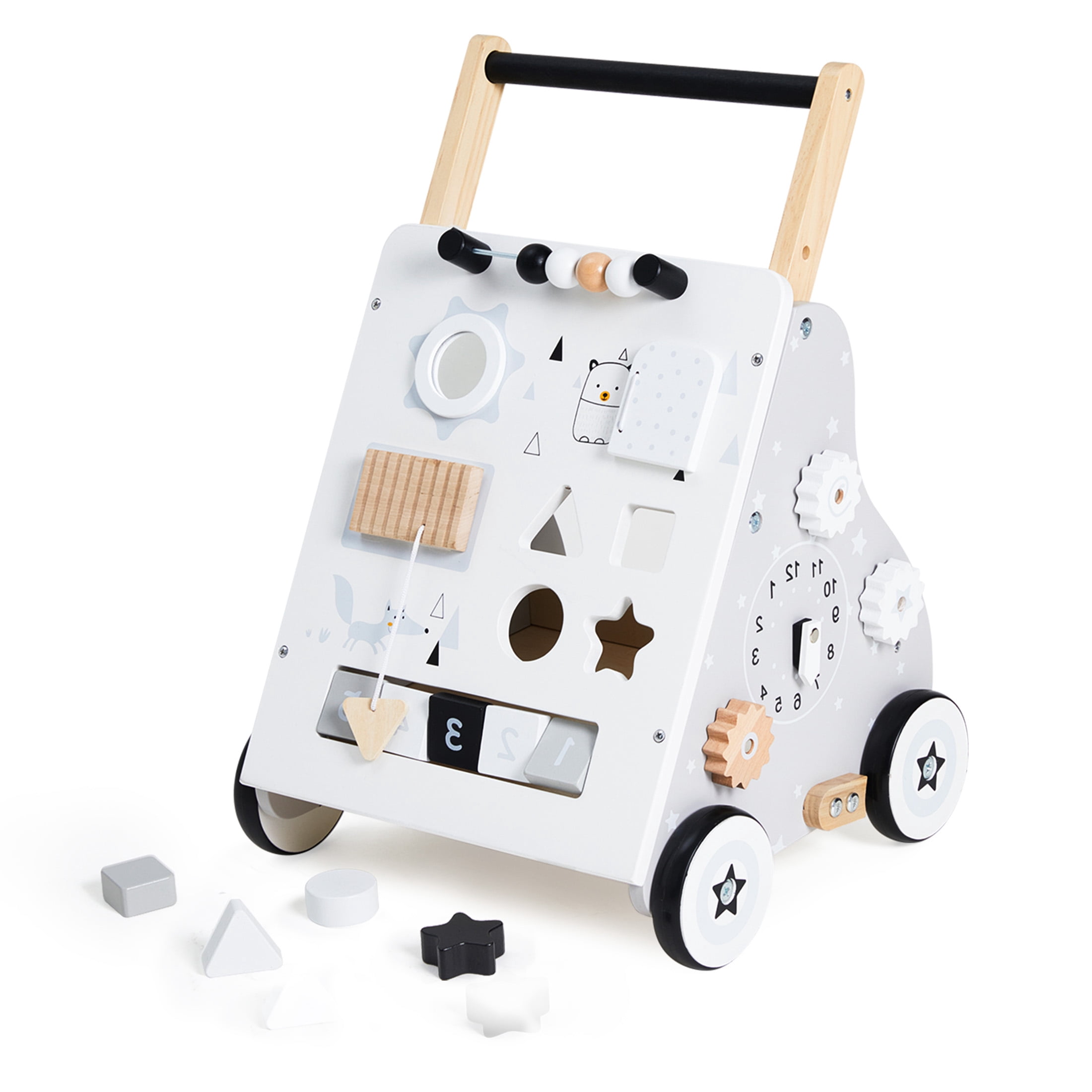 Jolie Vallee Wooden Baby Walker,Push Walker with Activity Center,Push Wlakers for Babies 12 M+,Adjustable Speed and Height Walkers for Boys/Girls