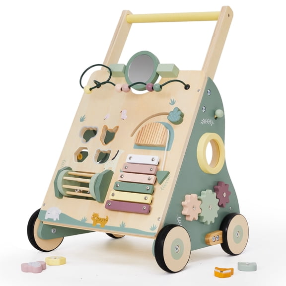 Jolie Vallee Wooden Baby Walker,Push Walker with Activity Center,Push Wlakers for Babies 12 M+,Adjustable Speed and Height Walkers for Boys/Girls