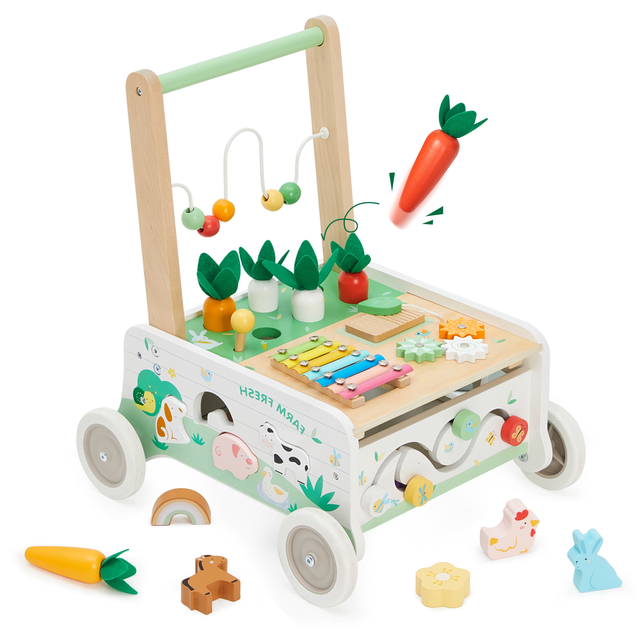Jolie Vallee Wooden Baby Walker,Push Walker with Activity Center,Push Wlakers for Babies 18 M+,Adjustable Speed and Height Walkers for Boys/Girls