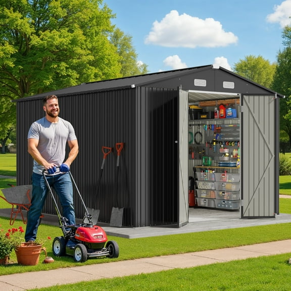 Jolifa 10x10 ft Outdoor Storage Shed, Heavy Duty Galvanized Steel Metal Shed with Lockable Double Doors, Large Tool Shed & Garden Shed for Backyard, All Weather Utility Storage Building