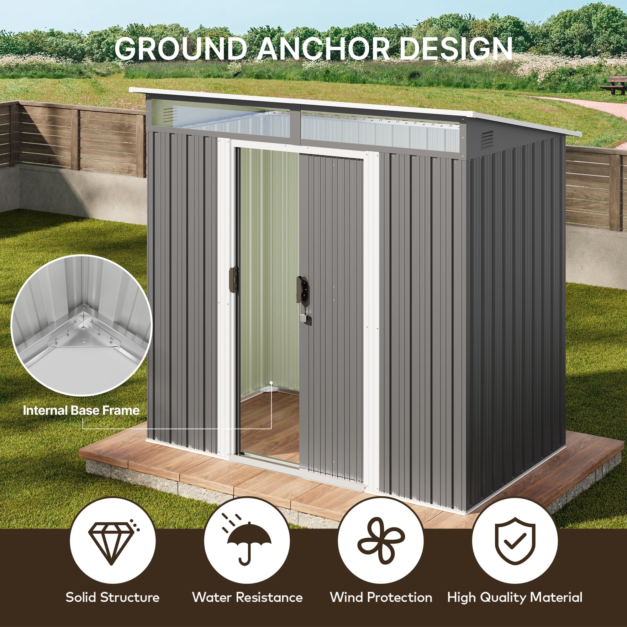 Jolifa 6x4 ft Outdoor Storage Shed, Galvanized Steel Garden Tool Shed with Lockable Door, Waterproof Metal Shed for Backyard Bike Lawn Mower