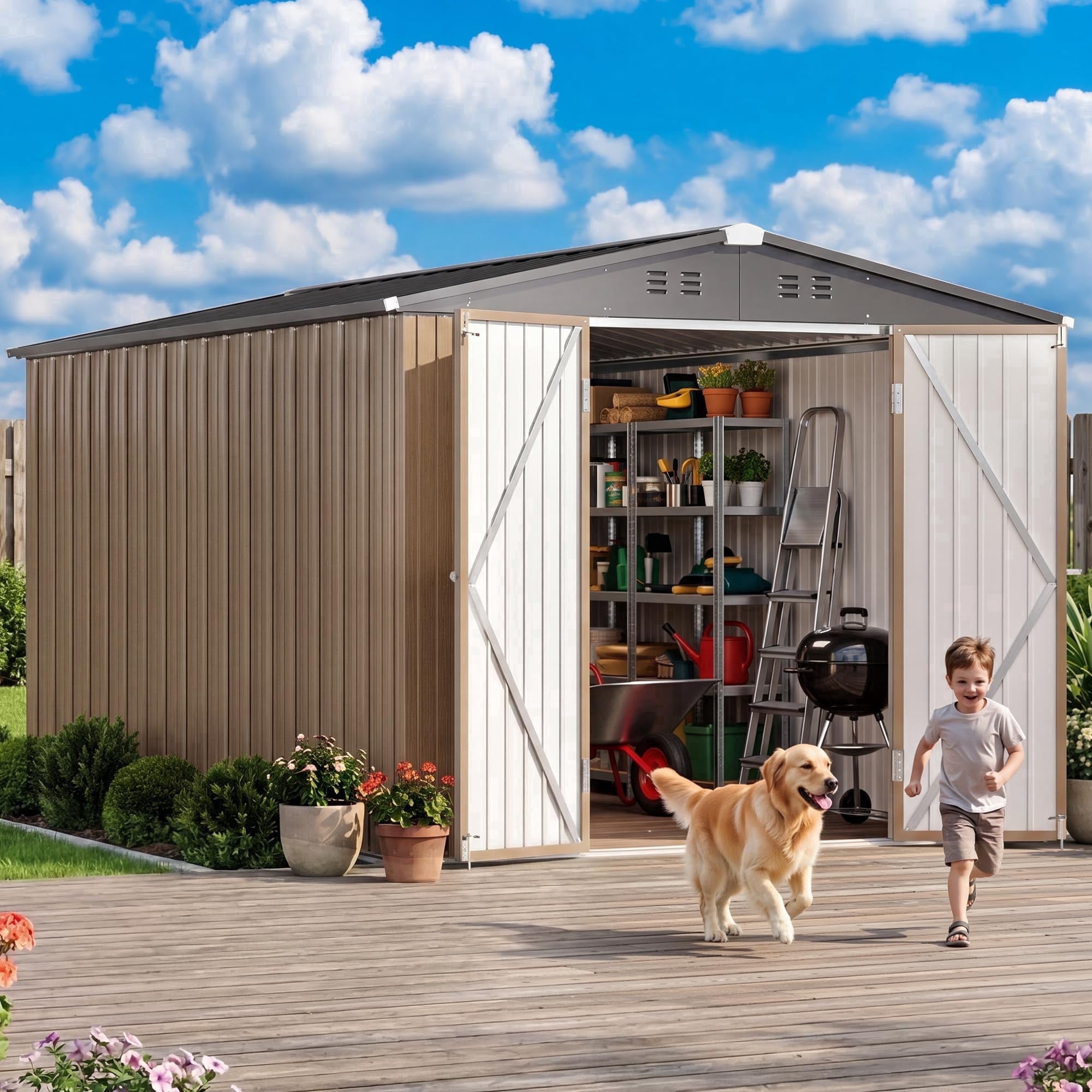tentoten プニてん BIG ブラウン フィールドスタイル 8' x 12' Outdoor Storage Shed, Heavy Duty Metal Shed with Lockable
