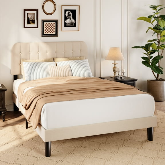 Jolifa Bed Frame Queen, Upholstered Platform Bed with Headboard, No Box Spring Needed/Easy Assembly, Beige