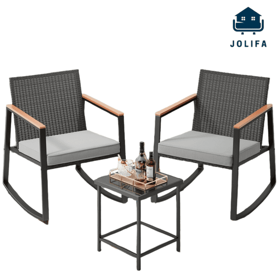 Jolifa Bistro Patio Furniture with 2 Outdoor Rocking Chairs and 1 Glass Coffee Table for Poolside, Porch, Lawn,Gray