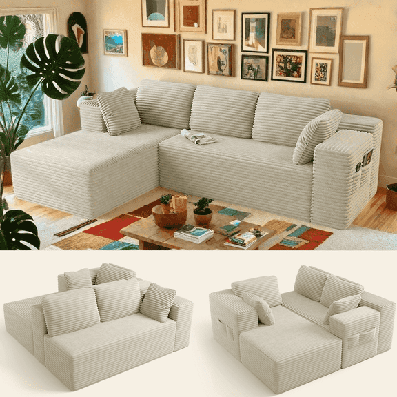 Jolifa 105” Cloud Couch with Deep Seat & Chaise, Modular Sectional Sofa, Boneless Couch for Living Room, No Assembly Required, Begie (Plush Corduroy Fabric)