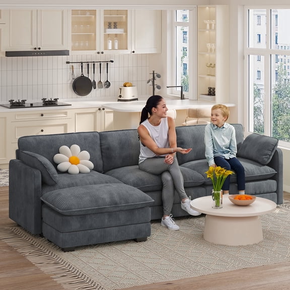 Sectional Sofa, Jolifa L Shaped 3 Seat Couch with Movable Ottomans & 2 Pillows or Living Room, Gray(Corduroy)