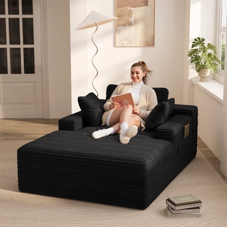Jolifa Oversized Chaise Lounge Chair, 47" W Upholstered Corduroy Couch Cloud with 3 Pillows, Modern Deep Seat Sofa, No Assembly(Black)