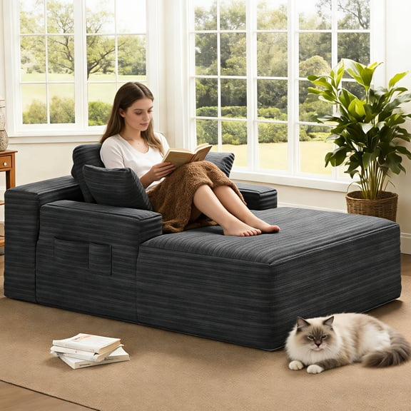 67" Oversized Chaise Lounge Chair Indoor, Jolifa Boneless Corduroy Sofa Free Assembly with 3 Pillows and 2 Large Side Pockets for Recliner, Living Room Furniture in Dark Gray