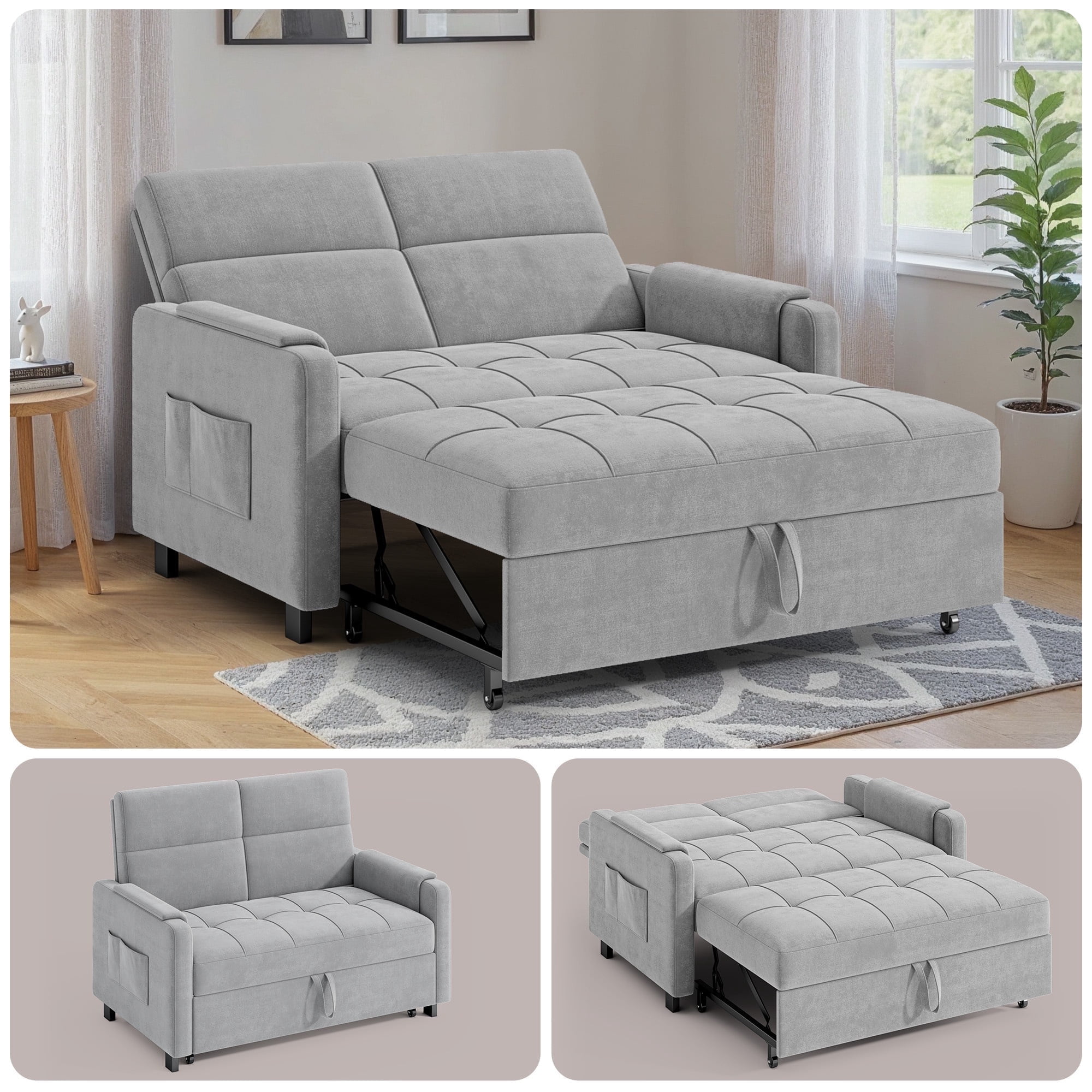 Jolifa Sofa Bed, 2 in 1 Sleeper Sofa with Detachable Linen Cover, Easy to Assemble, Recliner Lounge, Comfy Futon Pull Out Couch for Living Room/Office/Apartment (Light Grey)