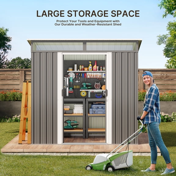 Jolifa Storage Shed, 7x5 ft Galvanized Steel Tool Shed with Sliding Doors & Windows, Weatherproof Metal Garden Shed for Backyard and Bike Storage