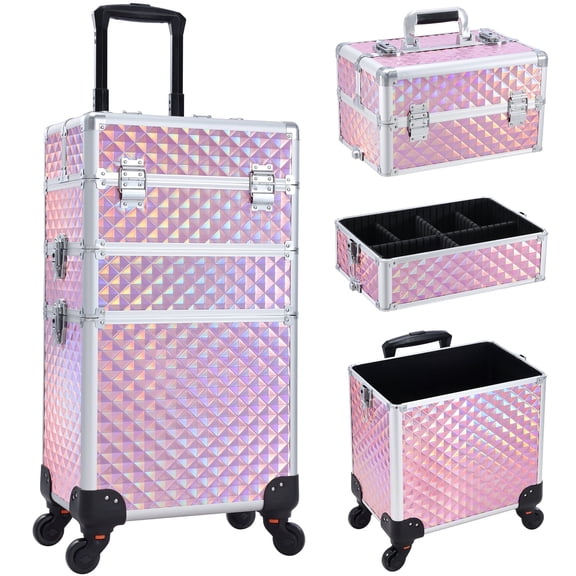 3-in-1 Rolling Makeup Case Aluminum Cosmetic Trolley Train Case Organizer Lockable Salon Barber Storage with Wheels