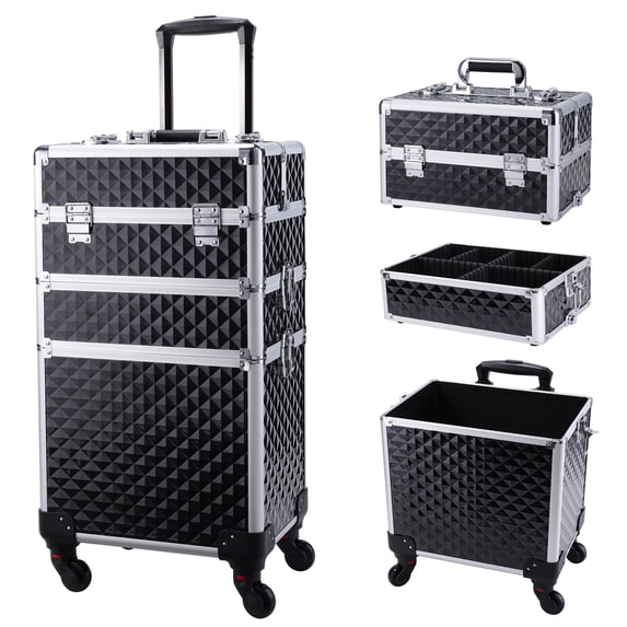 Professional Rolling Makeup Case Aluminum Cosmetic Trolley 3-in-1 Train Case Organizer Lockable Salon Barber Box Storage with Wheels