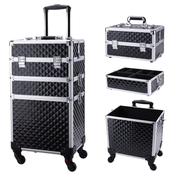Professional Rolling Makeup Case Aluminum Cosmetic Trolley 3-in-1 Train Case Organizer Lockable Salon Barber Box Storage with Wheels