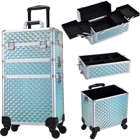 3 in 1 Rolling Makeup Case Professional Cosmetic Train Case Organizer Lockable Cosmetology Trolley