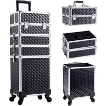 Joligrace 4 in 1 Aluminum Rolling Makeup Case with Wheels Cosmetic Train Case Trolley Box Salon Barber Case