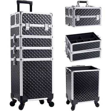 Joligrace 4 in 1 Aluminum Rolling Makeup Case with Wheels Cosmetic Train Case Trolley Box Salon Barber Case