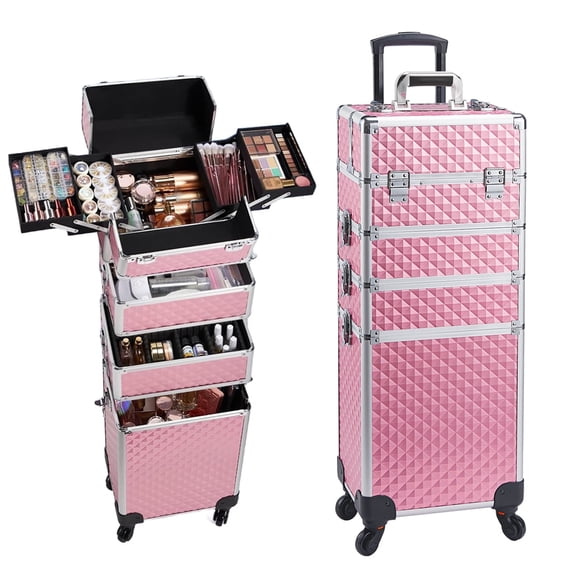 Professional 4 in 1 Rolling Makeup Case Large Cosmetic Trolley Salon Barber Box Traveling Cart Trunk