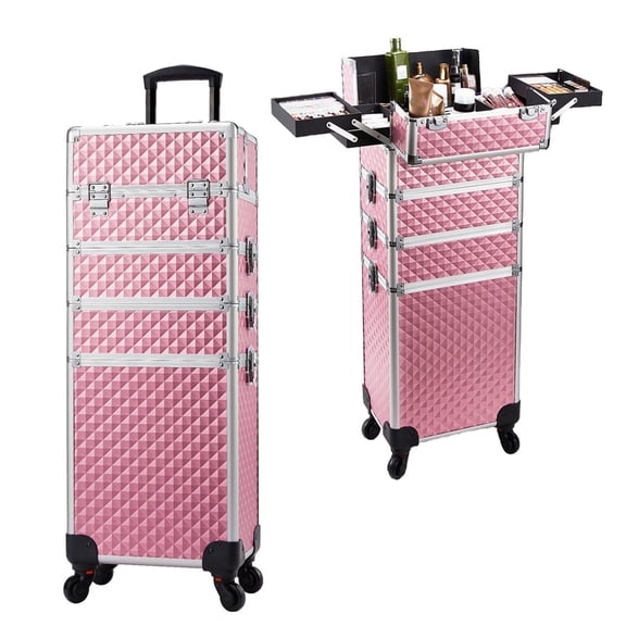 4 in 1 Rolling Makeup Train Case with Wheels Large Cosmetic Trolley Salon Hairdressing Suitcase Professional Makeup Box, Pink
