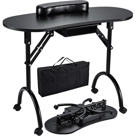 Foldable Manicure Nail Table Freestanding Portable Nail Station Desk with Drawer Wrist Cushion Bag, Black
