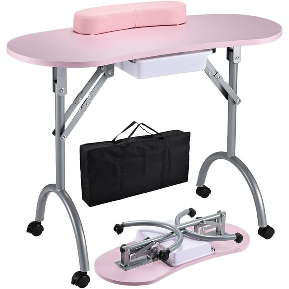 Foldable Manicure Nail Table Portable Nail Station Desk with Large Drawer Wrist Cushion Bag for Spa Beauty Salon Equipment