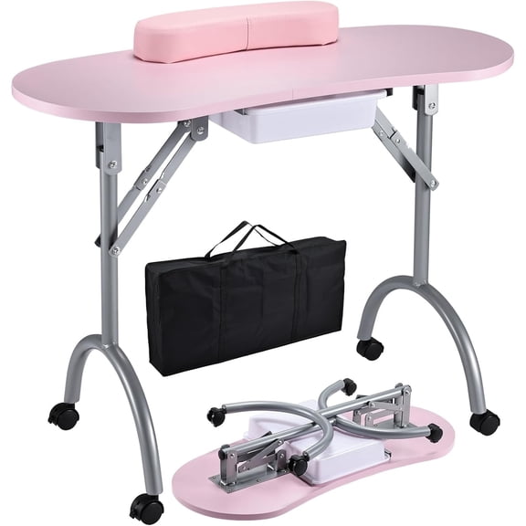 Foldable Manicure Nail Table Portable Nail Station Desk with Large Drawer Wrist Cushion Bag for Spa Beauty Salon Equipment