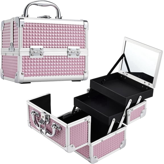 Makeup Train Case Portable Cosmetic Organizer Box 2-Tier Trays Travel Makeup Storage Case Lockable Jewelry Storage with Mirror and Keys