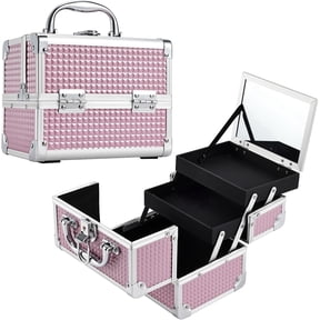 Makeup Train Case Portable Cosmetic Organizer Box 2-Tier Trays Travel Makeup Storage Case Lockable Jewelry Storage with Mirror and Keys