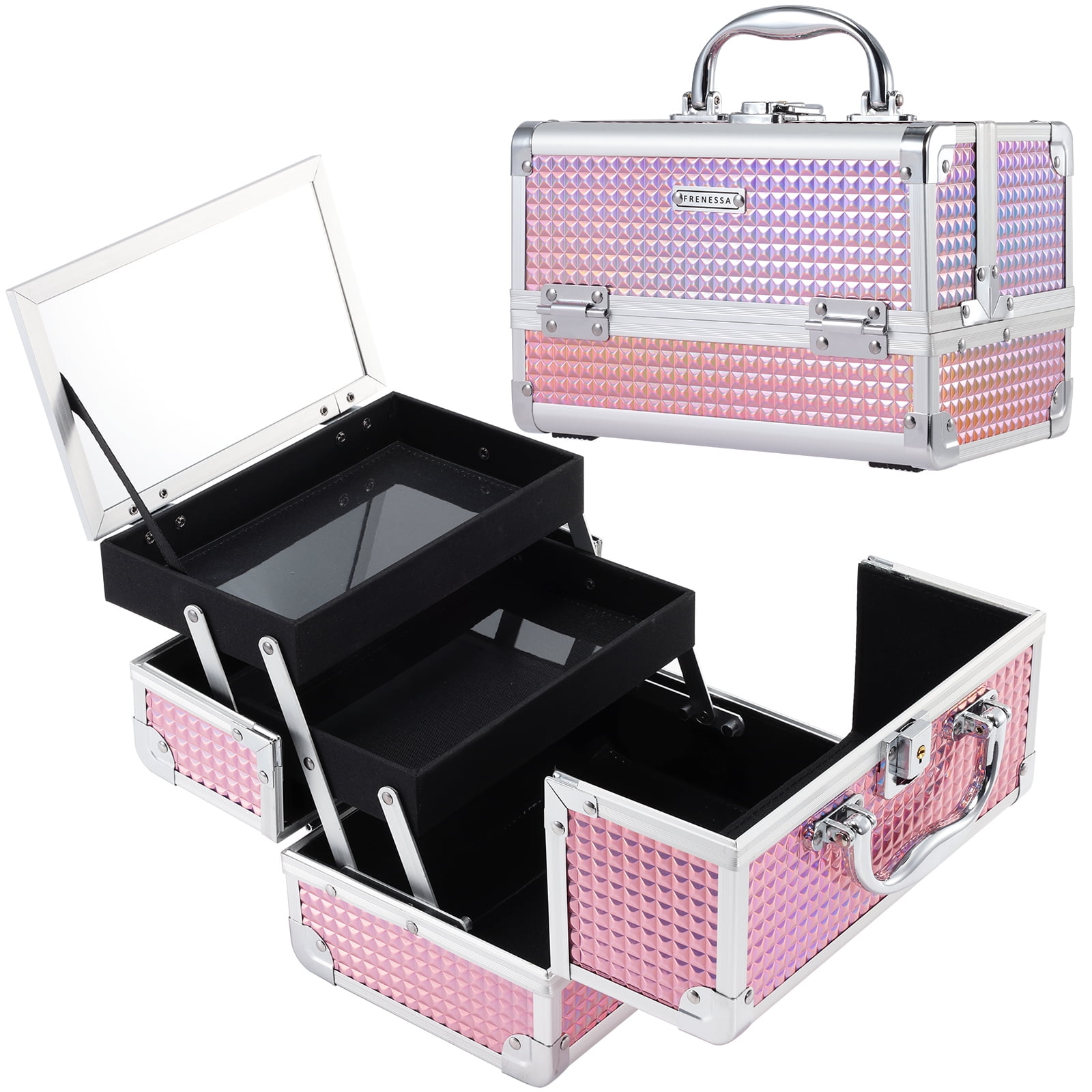 Joligrace Makeup Train Case 2 Trays Cosmetic Case with Lockable Mirror