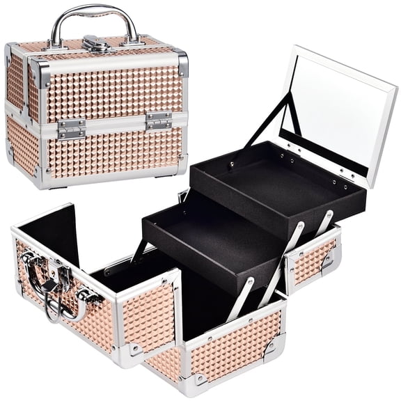 Makeup Train Case Cosmetic Organizer Box 2-Tier Trays Makeup Box Portable Jewelry Storage Lockable with Keys and Mirror