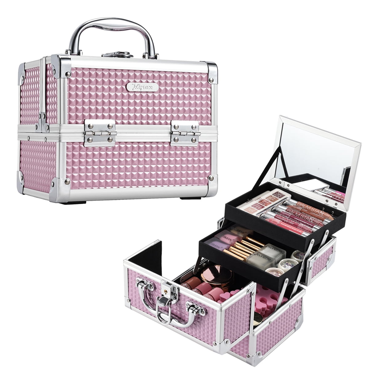 Joligrace Makeup Train Case Cosmetic Organizer Box 2Tier Trays Travel
