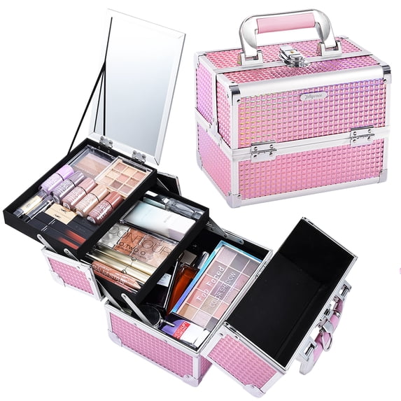 Portable Makeup Train Case Travel Cosmetics Box with Mirror Lockable 2 Trays Makeup Case Organizer