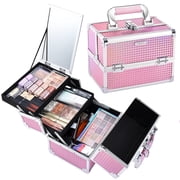 Portable Makeup Train Case Travel Cosmetics Box with Mirror Lockable 2 Trays Makeup Case Organizer