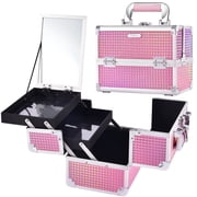 Portable Makeup Train Case Travel Cosmetics Box with Mirror Lockable 2 Trays Makeup Case Organizer