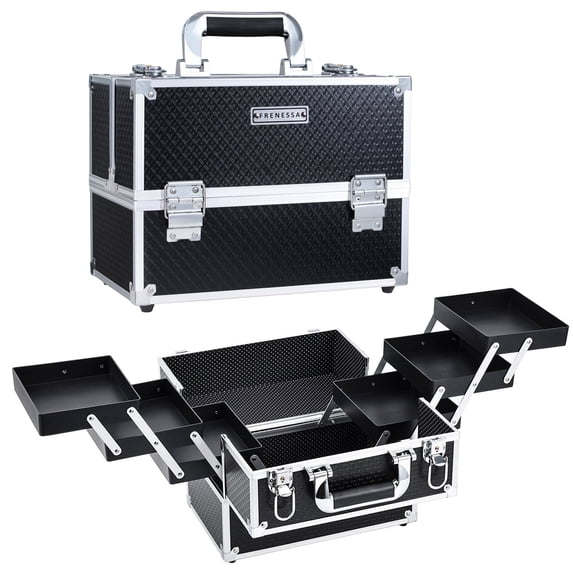 Professional Makeup Train Case Large Cosmetic Box Travel Storage 6 Trays Makeup Organizer Case, Black