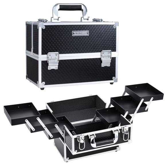 Professional Makeup Train Case Large Cosmetic Box Travel Storage 6 Trays Makeup Organizer Case, Black