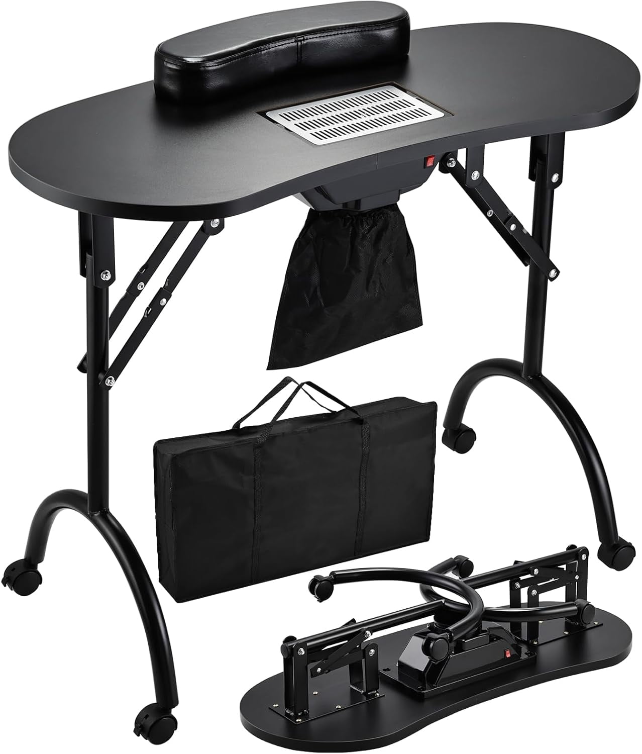 Velore Nail Table with Electric Dust Collector Portable Folding Manicure Station Beauty Salon Nail Desk with Cacuum Arm Rest, Wheels,Bag, Black