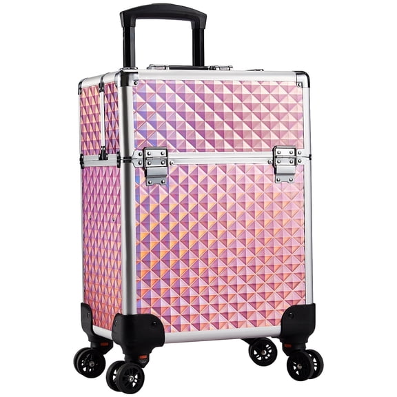 Rolling Makeup Case Large Makeup Box Organizer Cosmetic Trolley with Sliding Rail Trays Removable Middle Layer