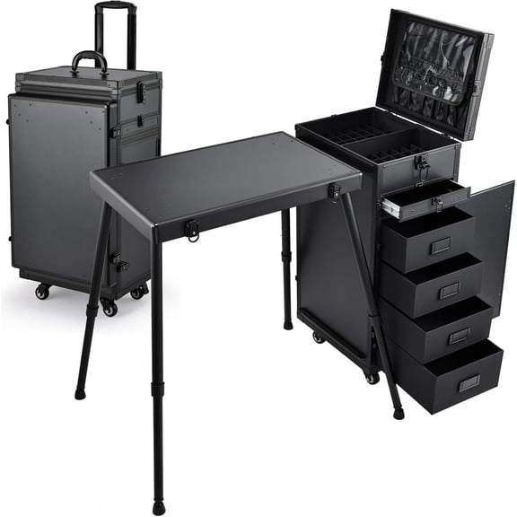 Rolling Manicure Table Makeup Train Case Trolley with Foldable Manicure Workstation & Brush Pouch & 5 Drawers, Black