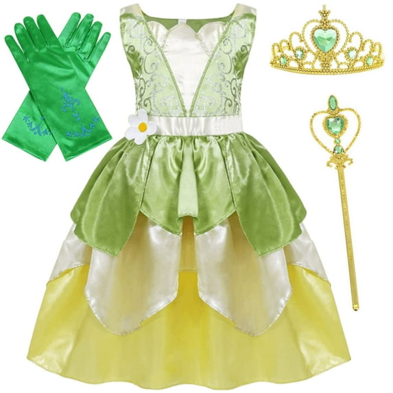 Jurebecia Girls Green Fairy Frog Princess Costume Dress Kids Birthday Party Dress Up Halloween Outfits with Accessories