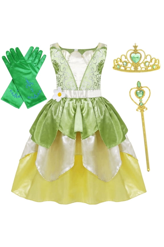 Tiana Dress for Girls Fairy Frog Princess Costume for Kids Birthday Party Dresses up Halloween Outfits Green 120 cm 3-4 Years
