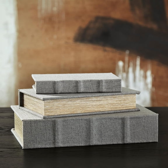 Jolina Vintage 3 Piece Faux Book Keepsake Storage Box Set, Nesting Design, Fabric Cover, 13" W x 8.7" D x 2.8" H, Dark Gray Cover & Black Velvet Lining