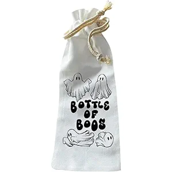 Jolitee “Bottle of Boos” Halloween Wine Bottle Gift Bag – Reusable Drawstring Canvas Bag with Spooky-Cute Ghost Print – Funny Host Gift for Halloween Party or Wine Lover