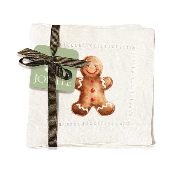 Jolitee Christmas Decorative Hemstitch Cocktail Napkins, 6"x6" Washable Linen-Like Cloth Napkins, Handmade for Holiday Entertaining & Everyday Use (Gingerbread Girl, Set of 6)