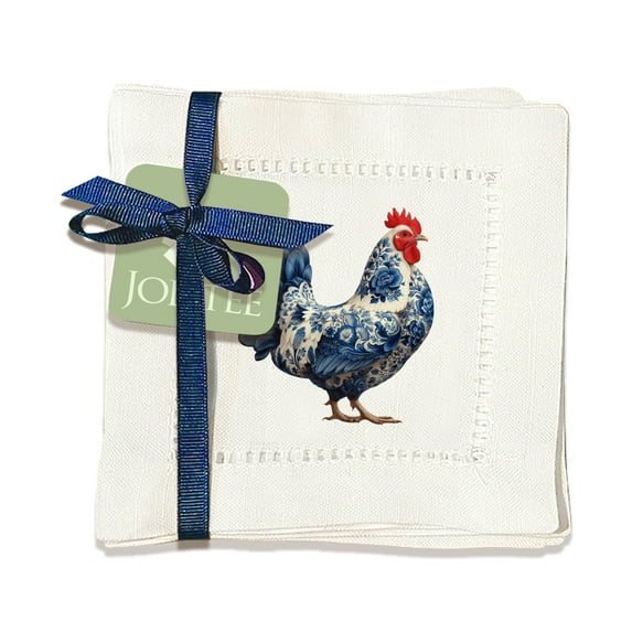 Jolitee Decorative Hemstitch Cocktail Napkins, 6"x6" Washable Linen-Like Cloth Napkins, Handmade for Entertaining and Everyday Use (Chinoiserie Chicken)