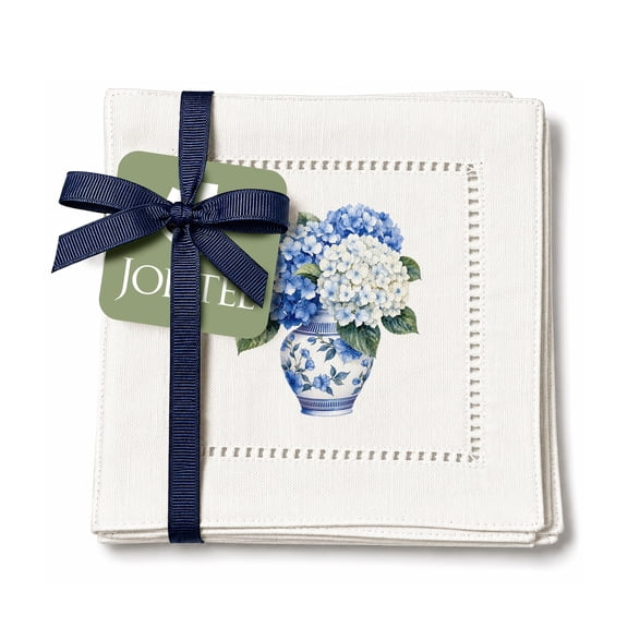 Jolitee Decorative Hemstitch Cocktail Napkins, 6"x6" Washable Linen-Like Cloth Napkins, Handmade for Entertaining and Everyday Use (Chinoiserie Hydrangea)