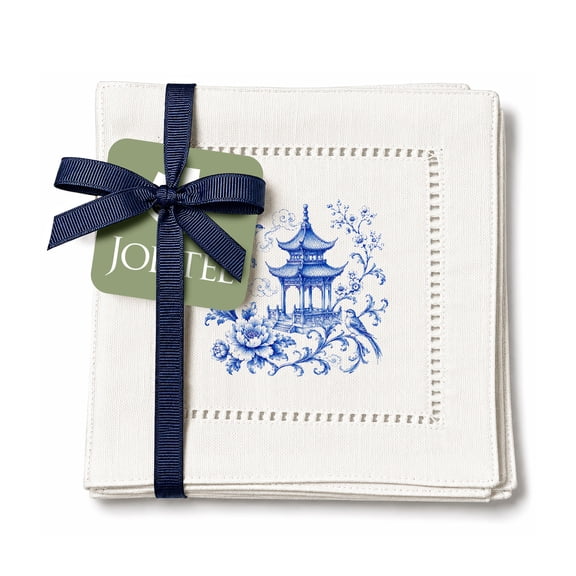 Jolitee Decorative Hemstitch Cocktail Napkins, 6"x6" Washable Linen-Like Cloth Napkins, Handmade for Entertaining and Everyday Use (Chinoiserie Pagoda Birds)